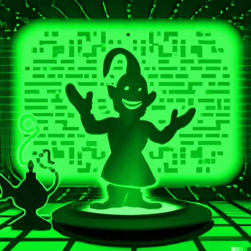 Un génie et sa lampe magique devant un écran d'ordinateur dans un style cartoon