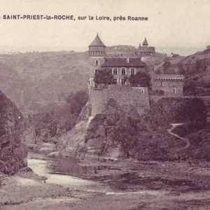 Carte postale ancienne, couleur sépia, du Château de la Roche , avec la Loire en contrebas.