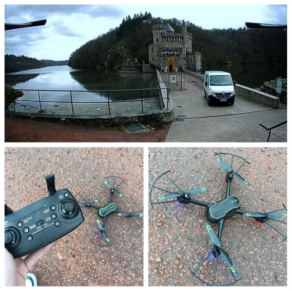 Monage de trois photos: le château de la Roche et la Loire, et un drone de loisir, au sol, avec sa télécommande.