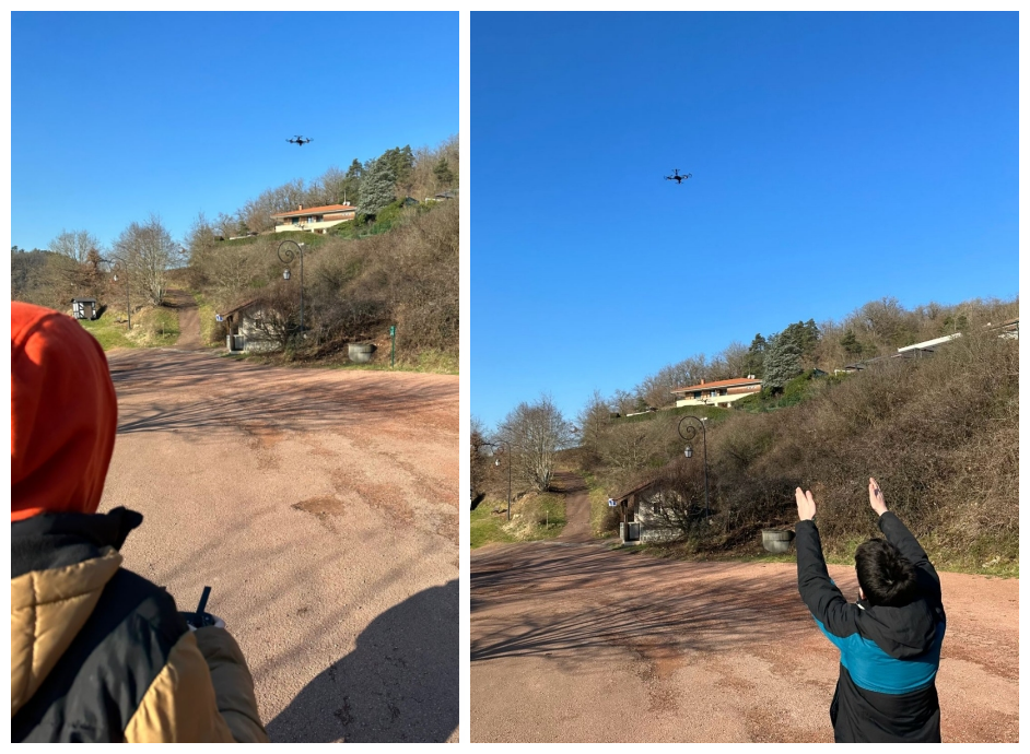 Monage de deux photos d'enfants pilotant ou regardant un drone de loisir en vol.