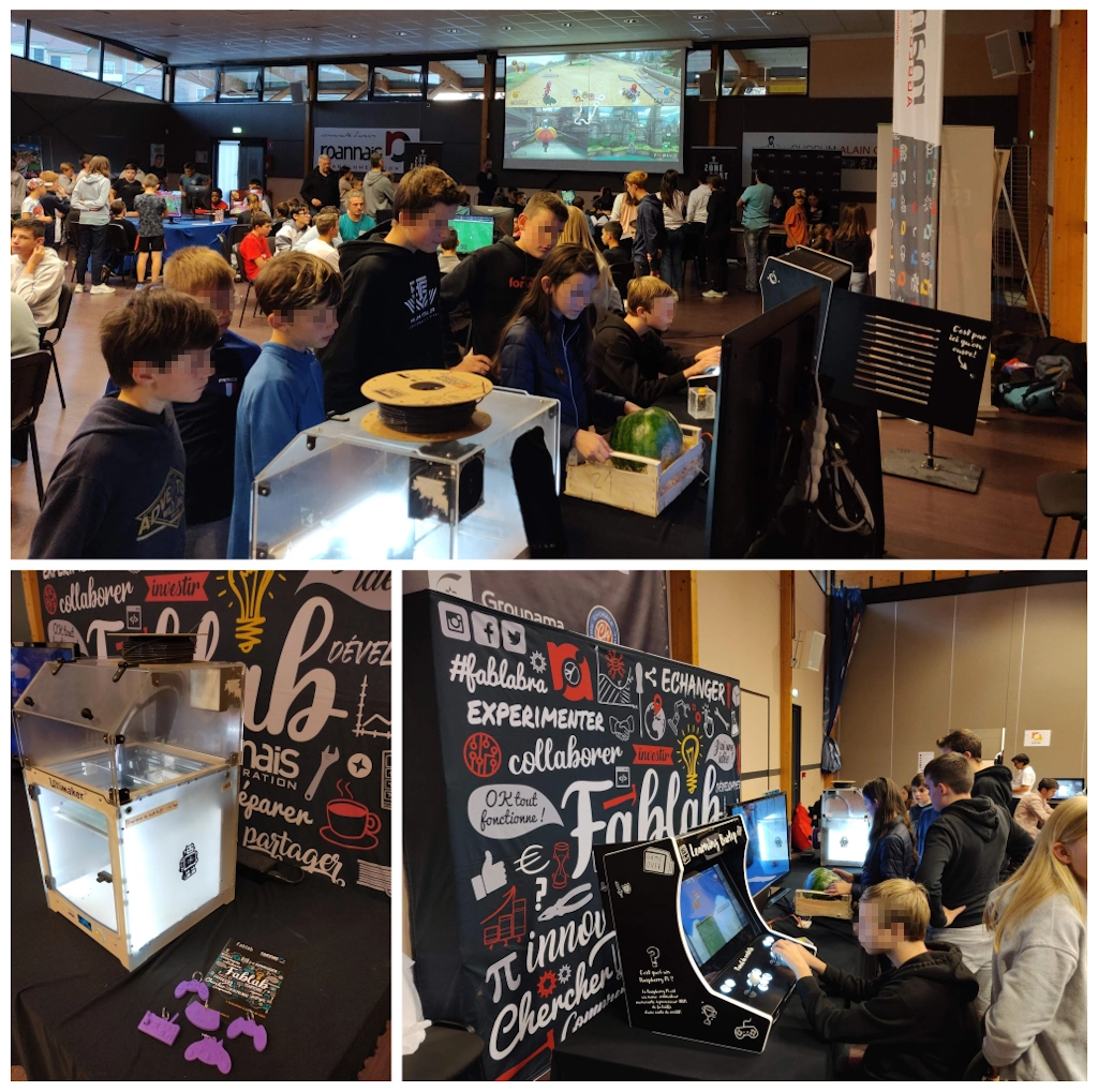 Montage de 3 photos de l'espace fablab: public, borne d'arcade, imprimante 3D