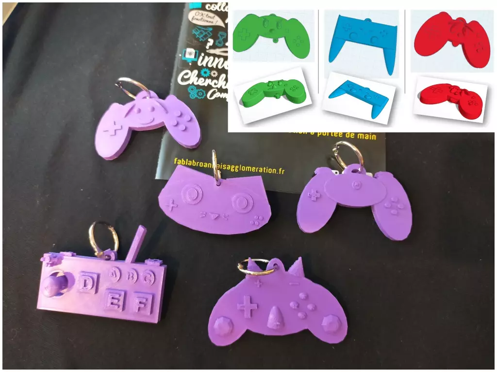 Montage de deux photo: capture d'écran des modèles 3D et manettes imprimées en plastique, posées sur une table