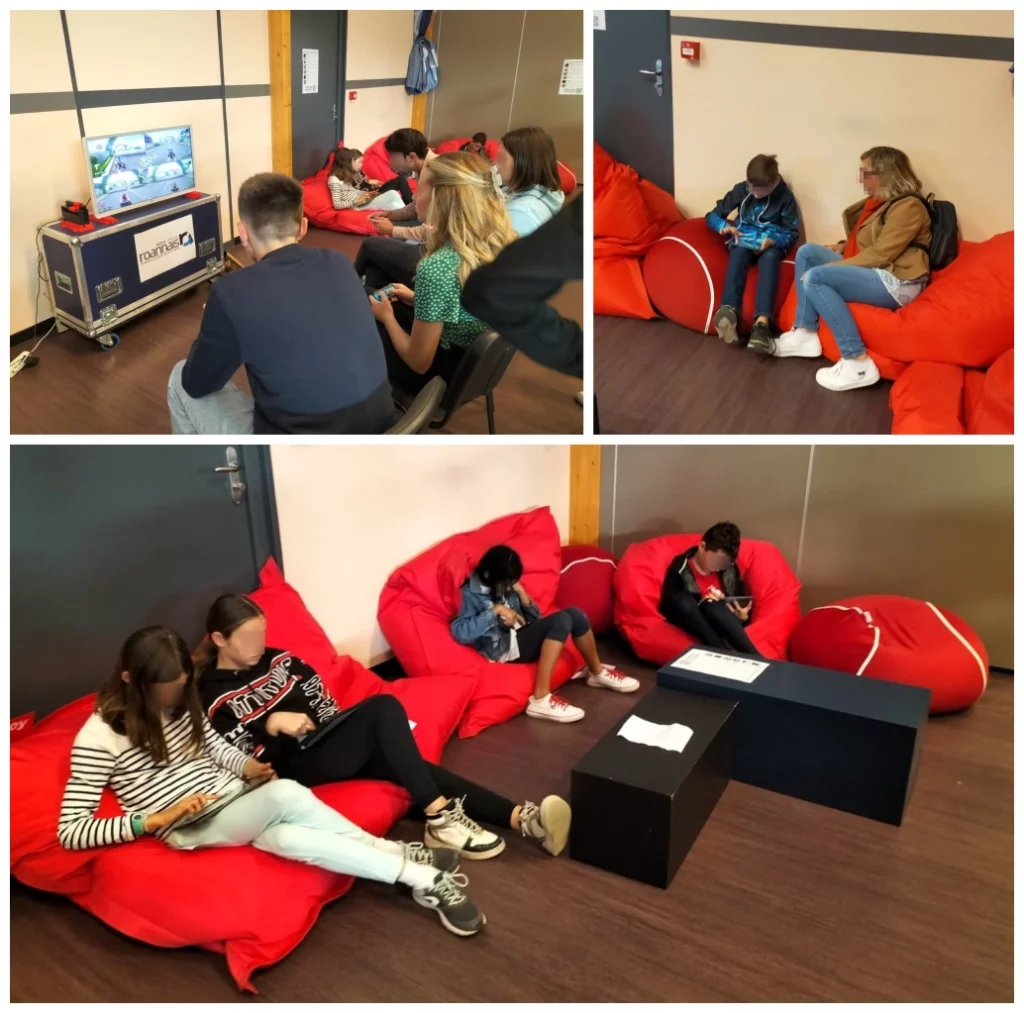 Montage de 3 photos de l'espace Switch, et coussins tablettes