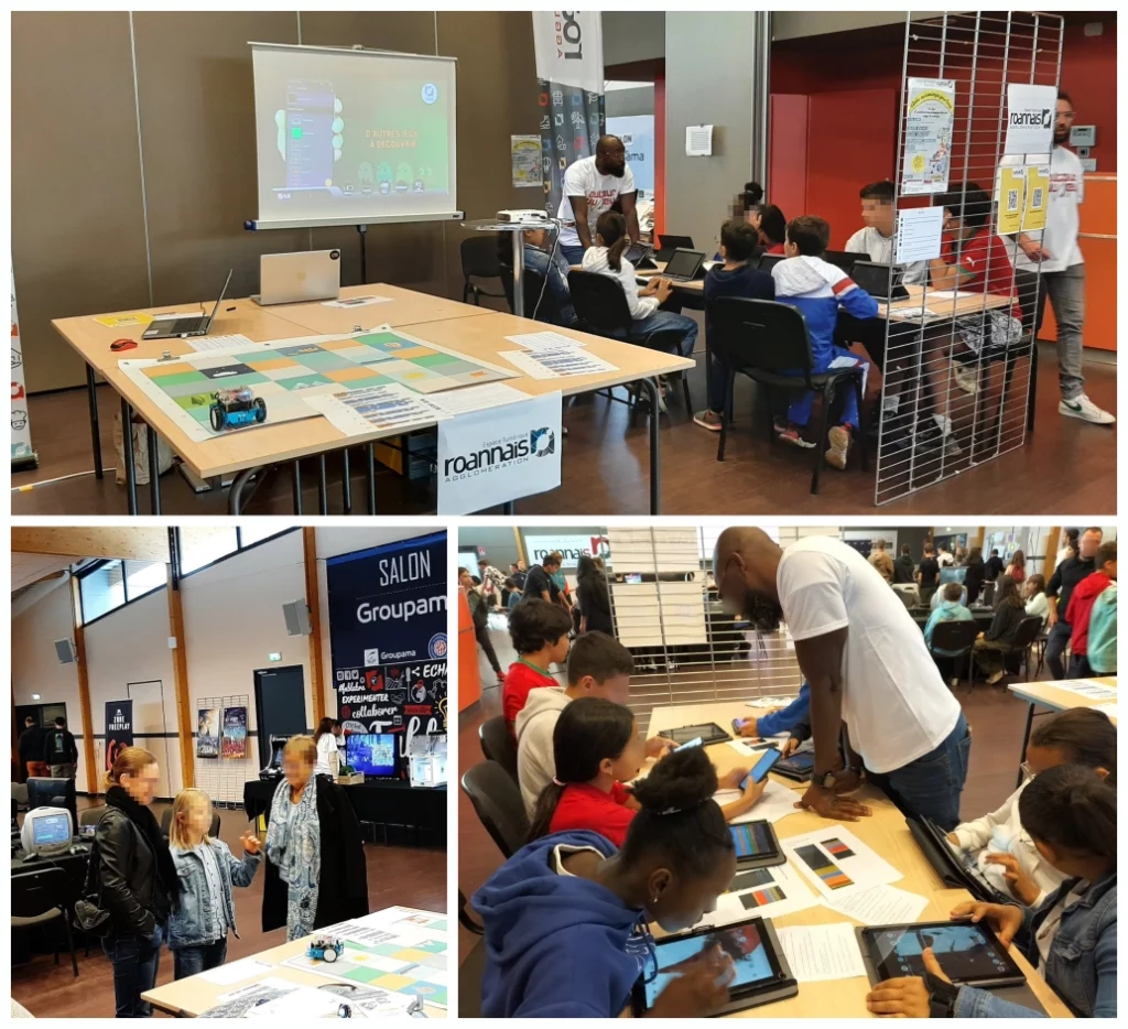 Montage de 3 photos de l'espace codage, tables, public, animateur