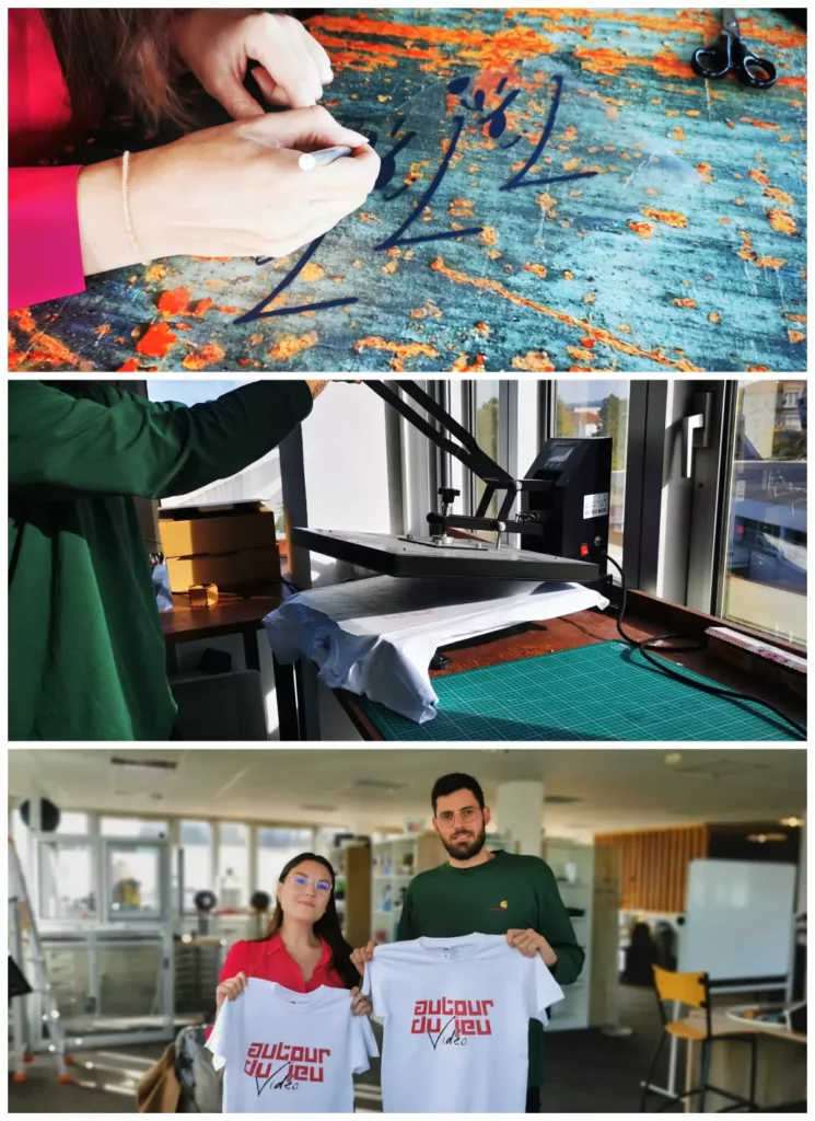 Montage de 3 photos du processus de création et de flocage du logo de l'événement sur des t-Shirts