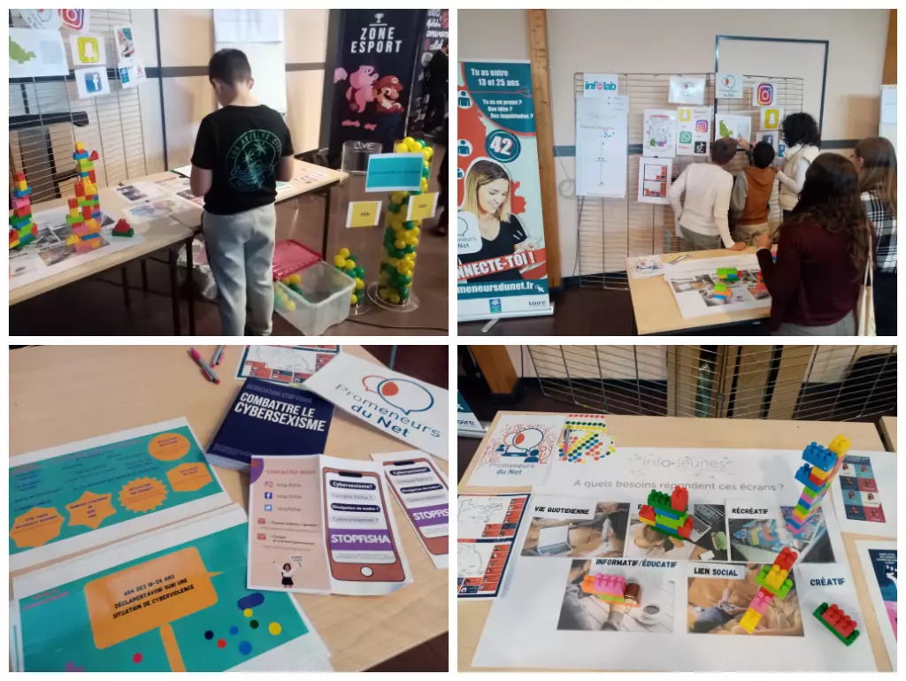 Montage de 4 photos de l'Infolab, dispositifs et enfants