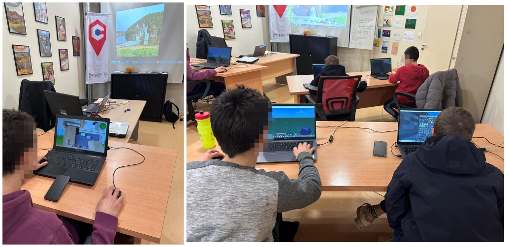 Des enfants sur des ordinateurs, modélisant le château de la Roche sous Minetest 