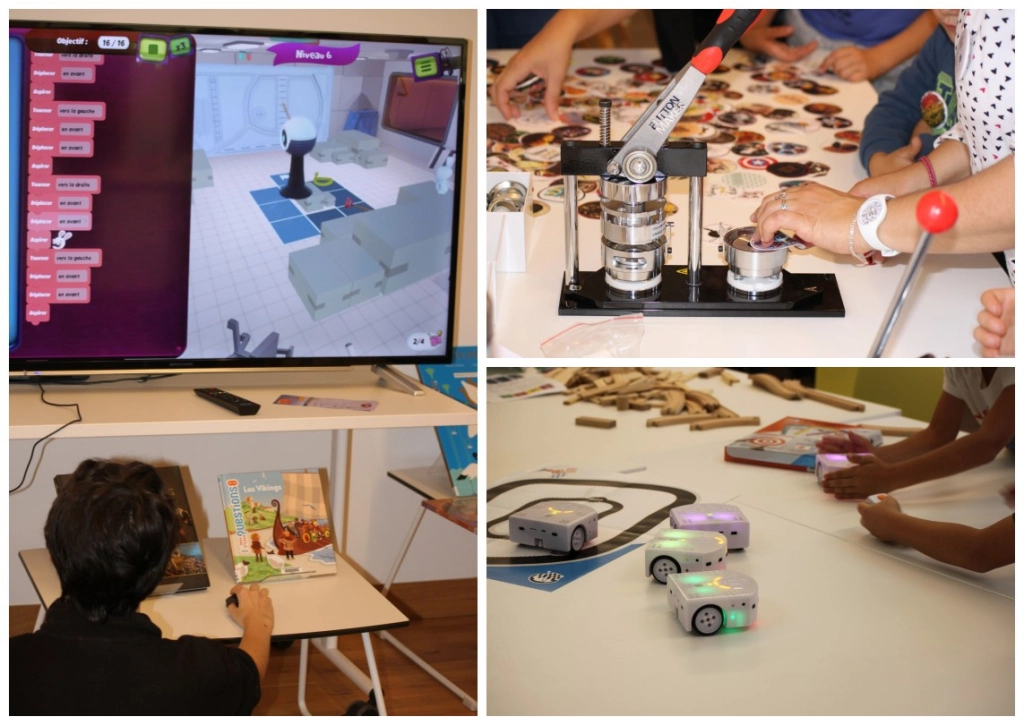 Montage photo microlab: livre multimedia, badgeuse, robots Thymio