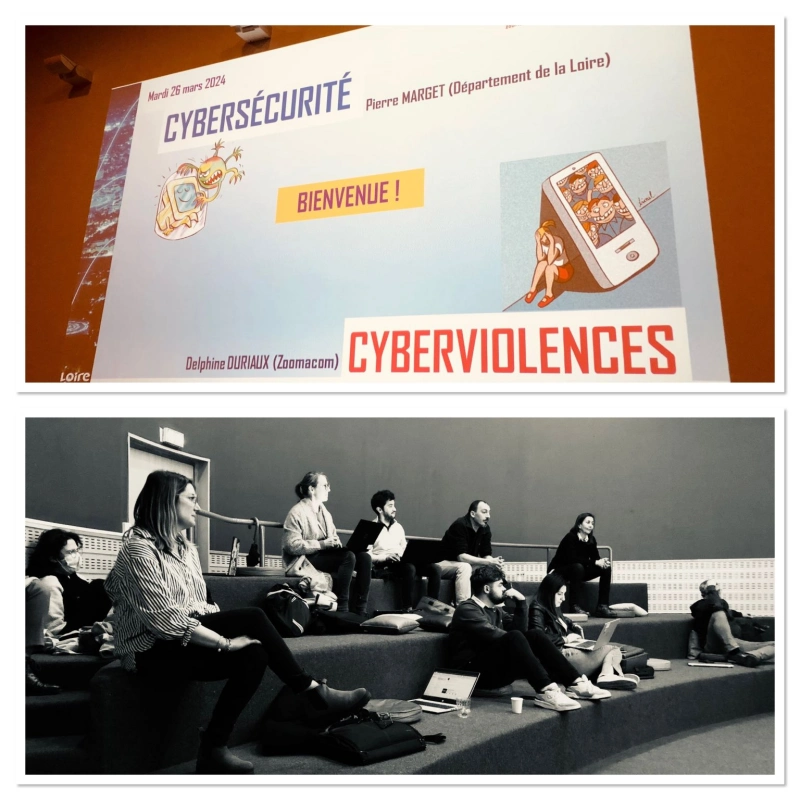 Photomontage rencontre CoNum à Saint-Chamond, support de présentation sur écran et participants dans l'amphitéâtre