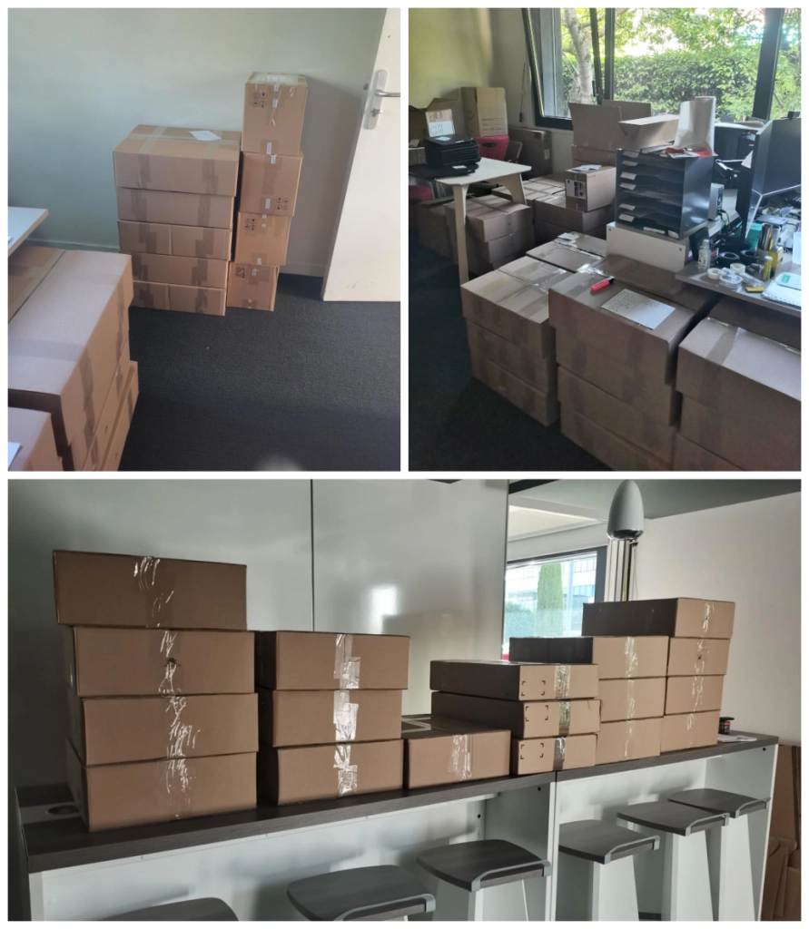 montage de 3 photos de piles de cartons